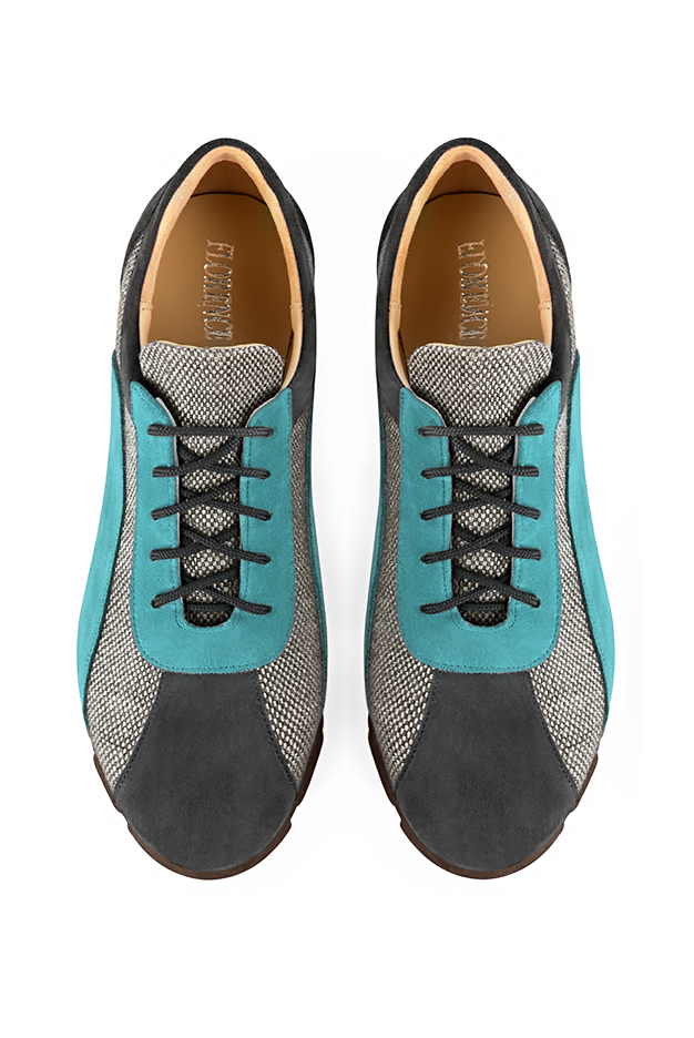 Dark grey and aquamarine blue women's three-tone elegant sneakers. Round toe. Flat rubber soles. Top view - Florence KOOIJMAN